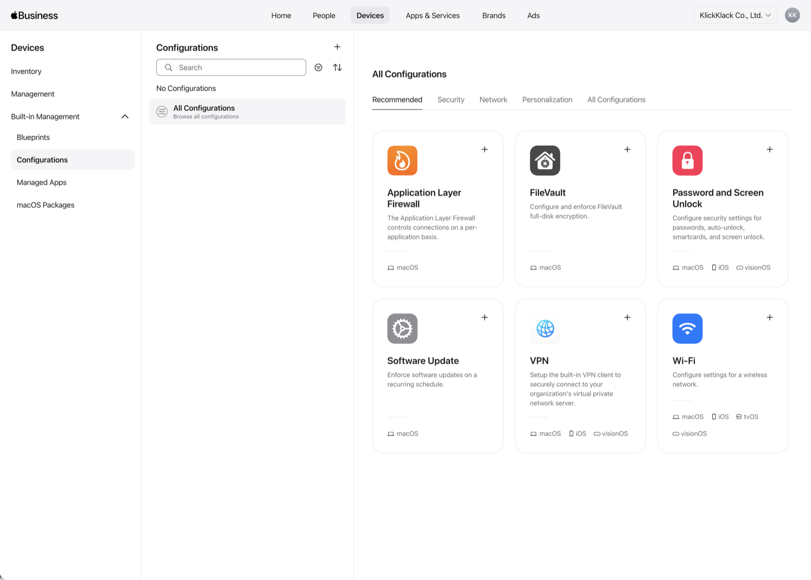 Configurations panel in Apple Business Built-in Management showing recommended macOS categories