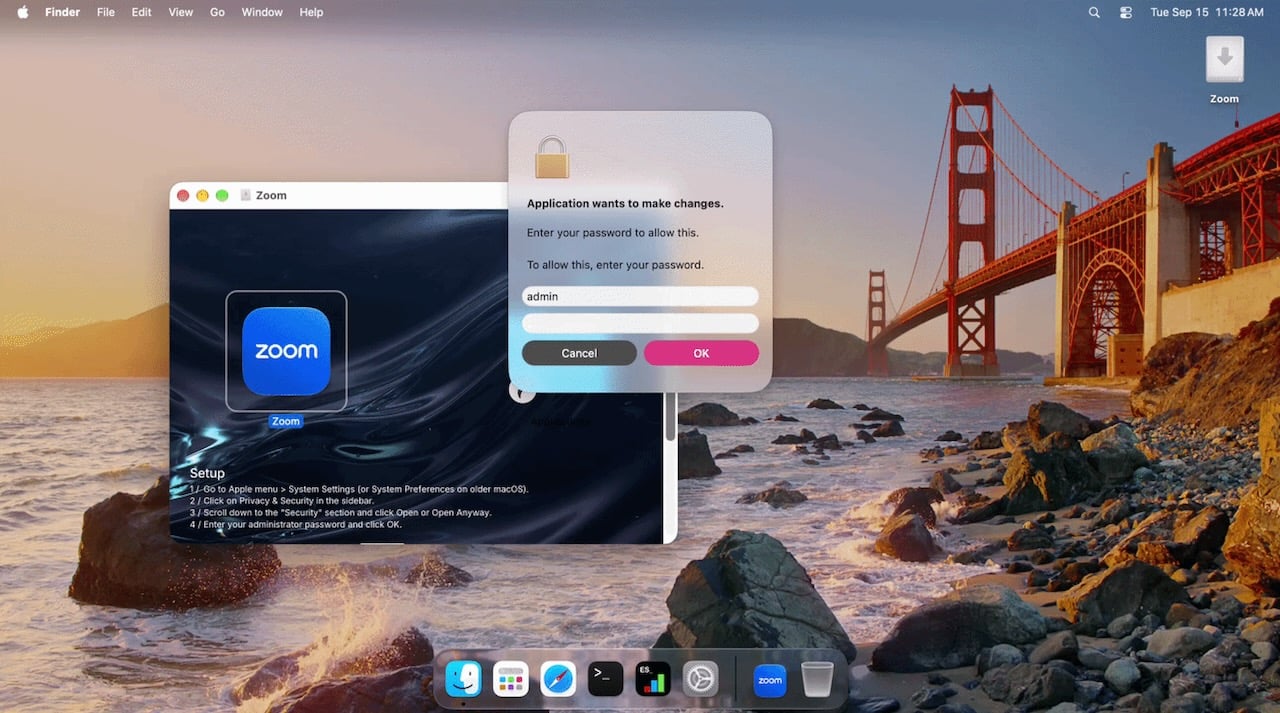 假的授權視窗，寫著 Application wants to make changes. Enter your password to allow this，疊在偽裝的 Zoom 安裝視窗前方