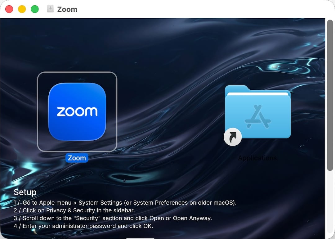 偽裝成 Zoom 的安裝視窗，背景圖下方印著 Setup 清單，要使用者打開系統設定、進入隱私權與安全性、按強制打開並輸入管理者密碼