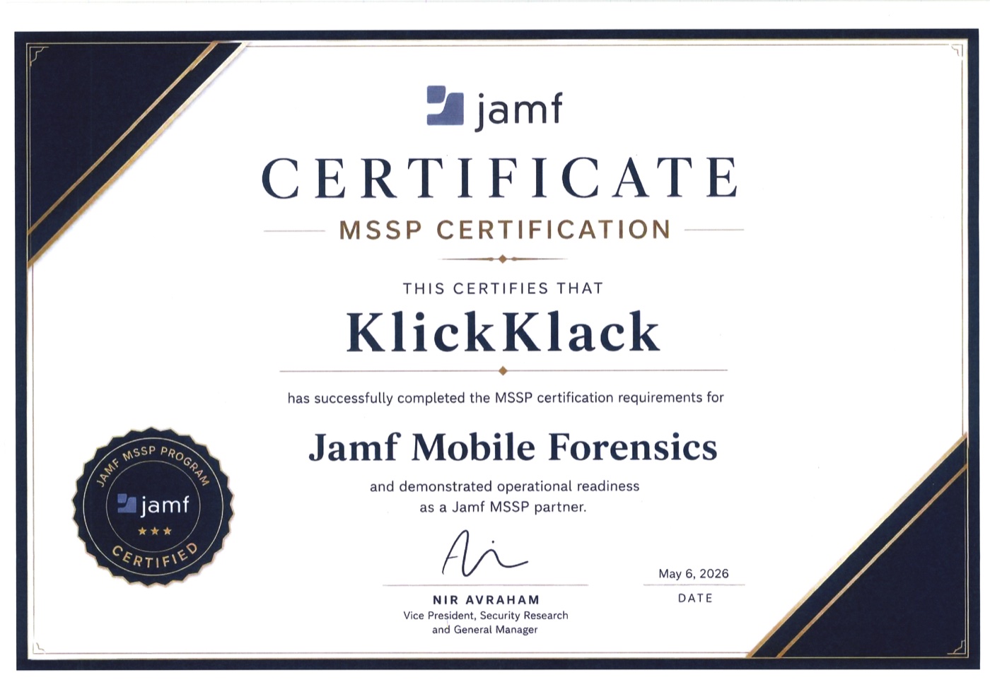 Jamf MSSP Certification — Jamf Mobile Forensics, awarded to KlickKlack, issued May 6, 2026
