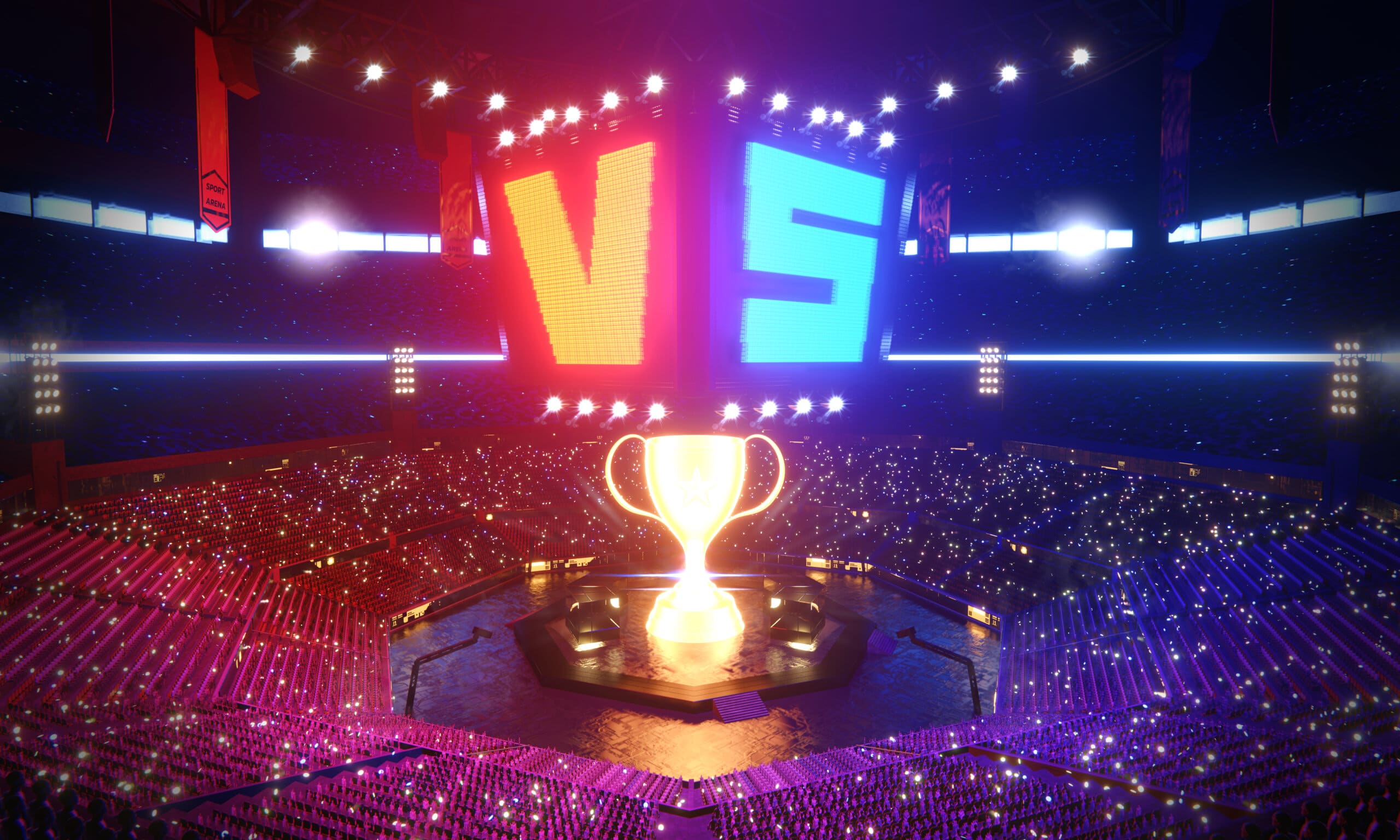E-sport arena in Glow scenery, 3d rendering illustration.